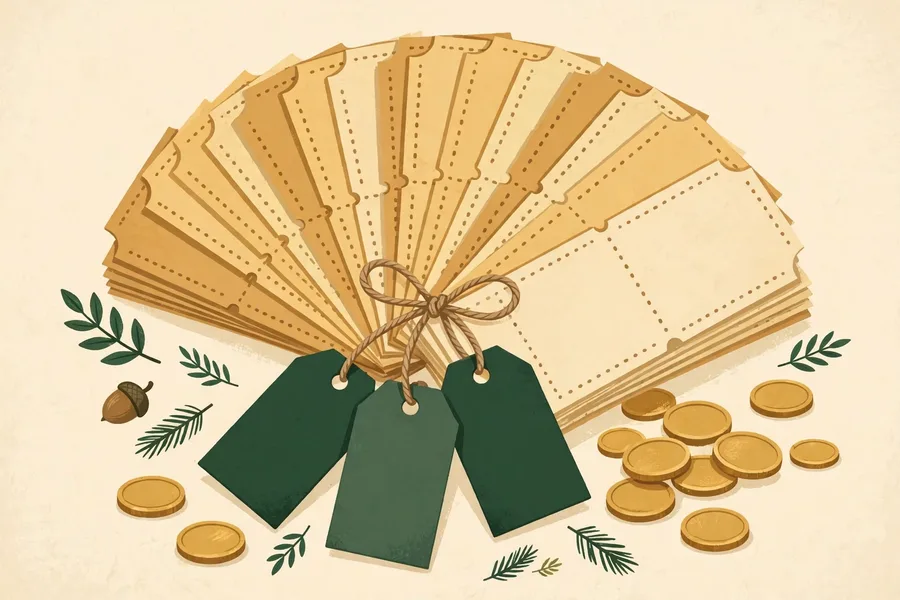 A fanned stack of coupons with price tags and gold coins