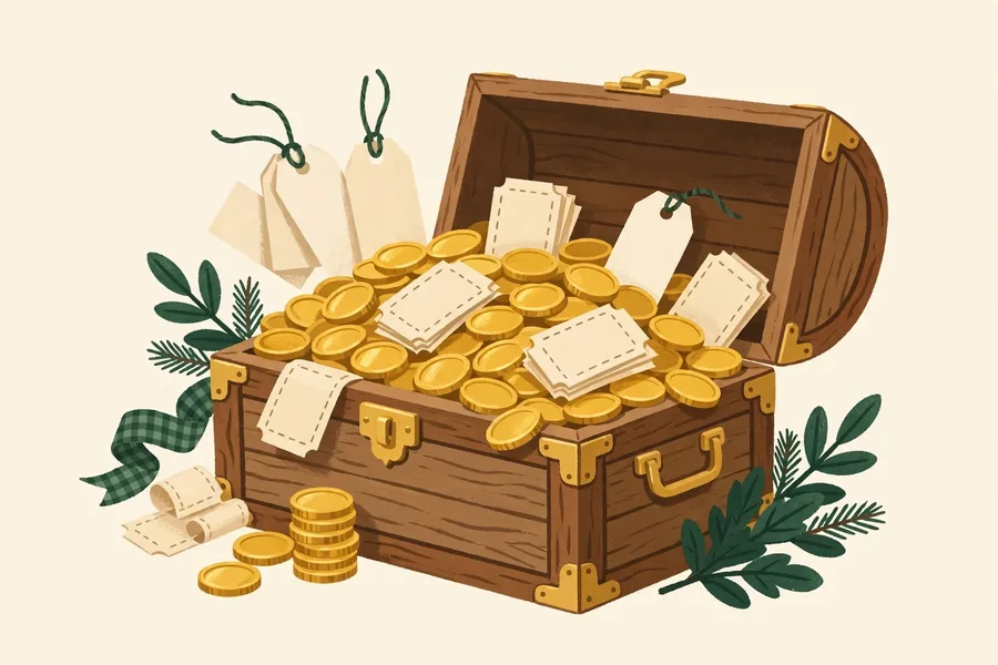 An open treasure chest overflowing with gold coins, coupons and price tags